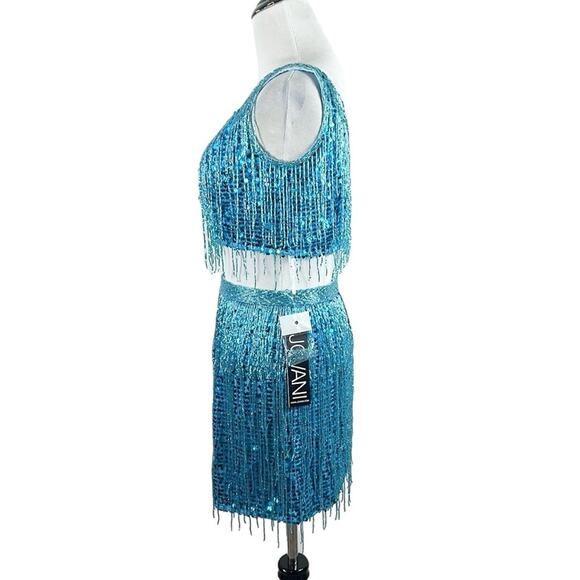 Jovani Fringe Sequin Beaded 2-Piece Mini Dress Prom Party Formal Blue Size 6 - Picture 5 of 10